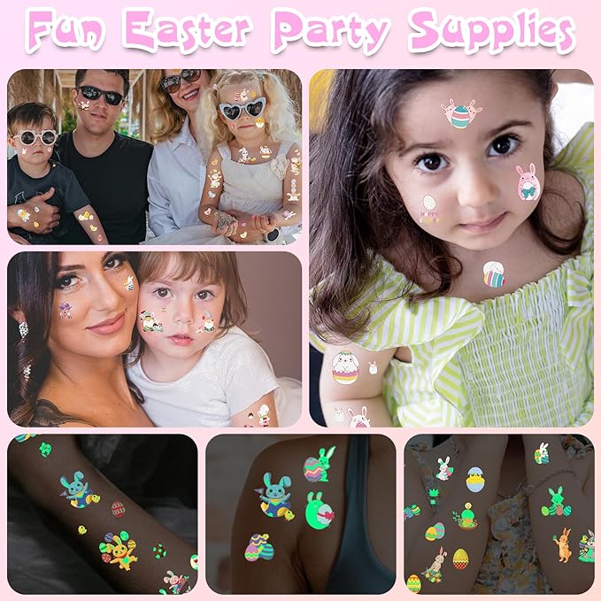 100 Pcs Easter Luminous Temporary Tattoos for Kids Easter Party Favors Supplies Easter Basket Stuffers