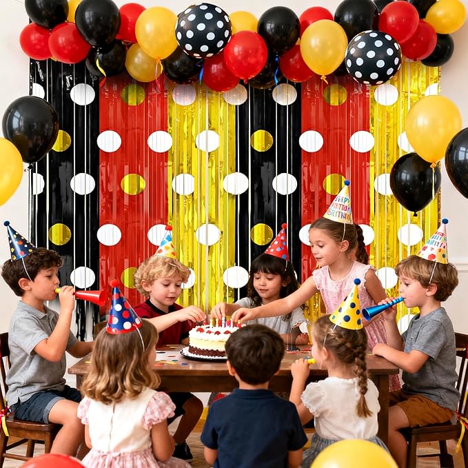 2 Packs Red Black Yellow Foil Fringe Curtain, Mouse Polka Dots Glitter Metallic Tinsel Backdrop for Birthday Baby Shower Cartoon Mouse Party Decorations Supplies