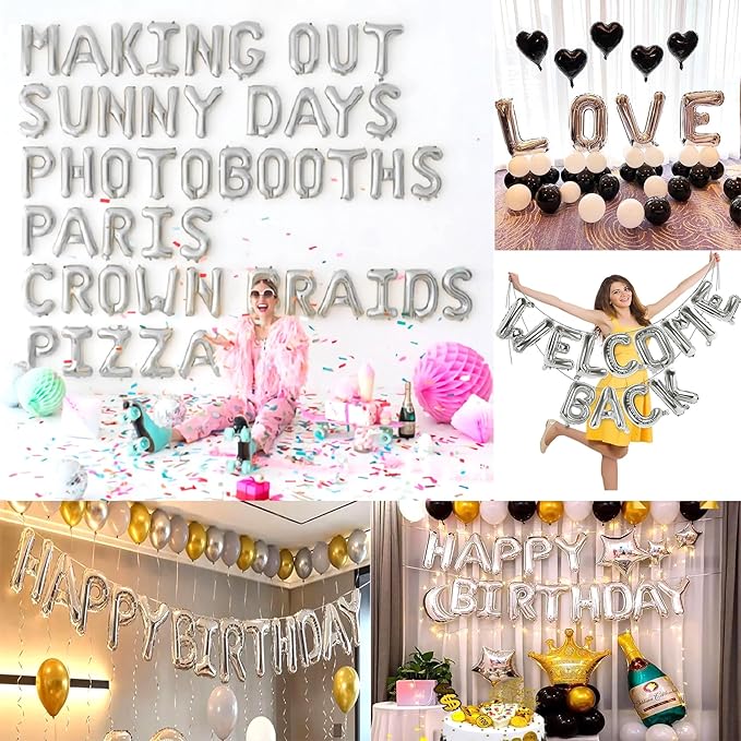 Happy Birthday Balloon Banner Custom Phrase Balloons letter 16 inch Personalized Alphabet Letters Foil Mylar Balloons (Silver)
