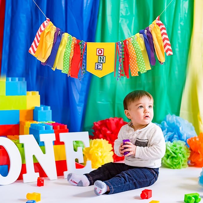 Letter Blocks One High Chair Banner - First Birthday Decorations, Nursery Rhyme Highchair Garland With Ribbon Fabric,1st Birthday Photo Props,Cake Smash Party Colorful Banner
