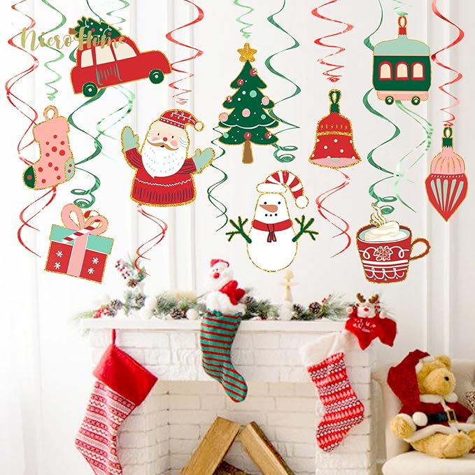 Christmas Decorations, 30 PCS Hanging Swirls Ceiling Decorations with Santa Claus, Snowman, Christmas Tree and Stocking Elements for Xmas Holiday Party Supplies