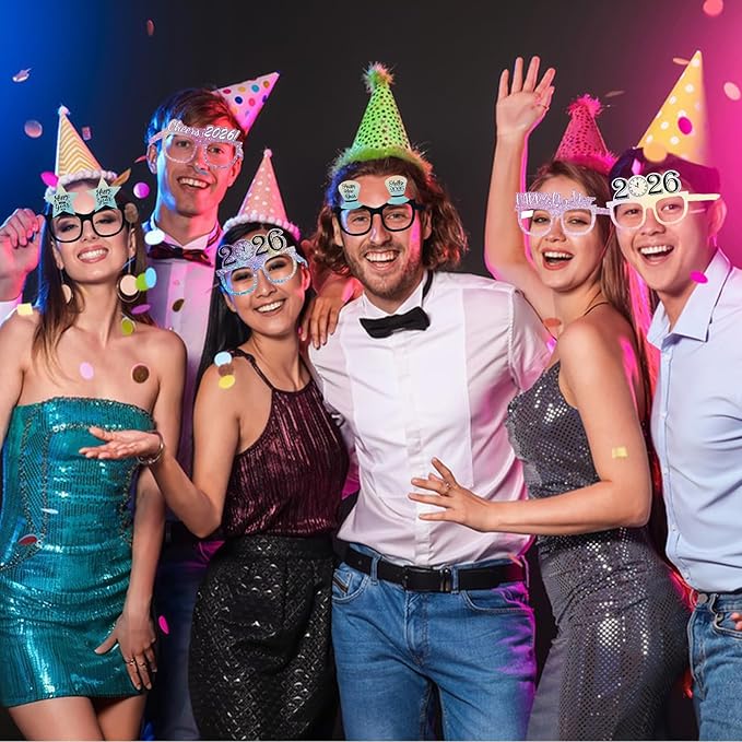 12PCS New Year Glasses, Funny New Years Eve Party Paper Glasses Photo Booth Props 2026 Eyeglasses Frames for NYE Party Supplies Decorations 2026