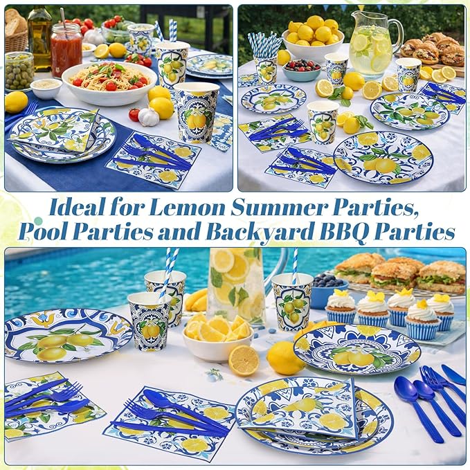 450 Pcs Capri Lemon Party Tableware Set Decorations Mediterranean Blue and Yellow Paper Plates Napkins Cups Cutlery Straws for Summer Birthday Wedding Baby Bridal Shower Supplies, Serves 50