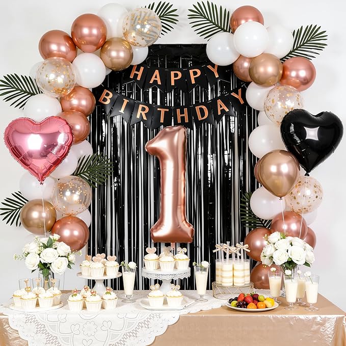 1st Birthday Decorations for Baby Girl - Rose Gold, Black and Hot Pink Party Supplies Set with Happy 1st Banner, Number 1 Balloon and Foil Fringe Curtains - 1 Year Old Celebration Kit