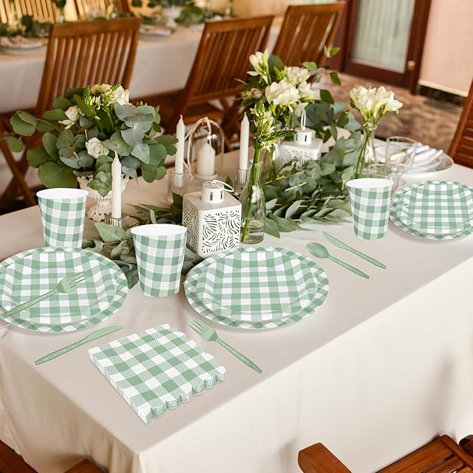 175Pcs Sage Green Gingham Party Supplies Kit Buffalo Plaid Tableware Set Disposable Dinnerware Paper Napkin Plate Cup Spoon Fork Knife for 25 Guest Party Favor