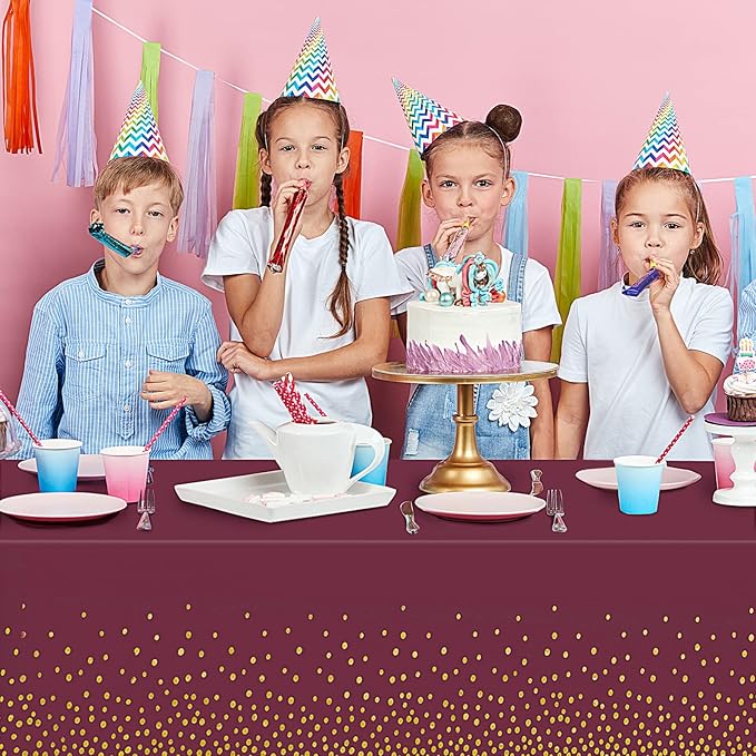 Irenare Tablecloth and Sequin Table Runner Set Polka Dots Confetti Table Cover Dining Plastic Tablecloths Glitter Decorations for Birthday Wedding Anniversary Party Supplies(Maroon, Gold,2 Pcs)