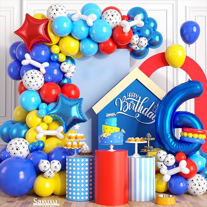 6th Birthday Decorations Boy, Dog Paw Six Years Old Party Arch with Red Blue Yellow Long Latex Balloons 40 inch Number 6 Balloon and Star Foil for Paw Birthday Party Supplies