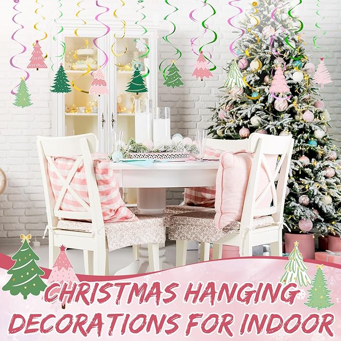 Colarr 50 Pack Pink Green Christmas Hanging Swirls Decorations Christmas Tree Foil Ceiling Swirls Spiral Streamers Ornaments for Classroom Office Home Xmas Holiday Winter Party Supplies