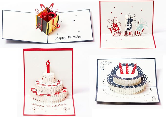 3D Pop Up Happy Birthday Gift Greeting Cards for Kids. Set of 4-Assortment Pack (4 Pack- Assorted)