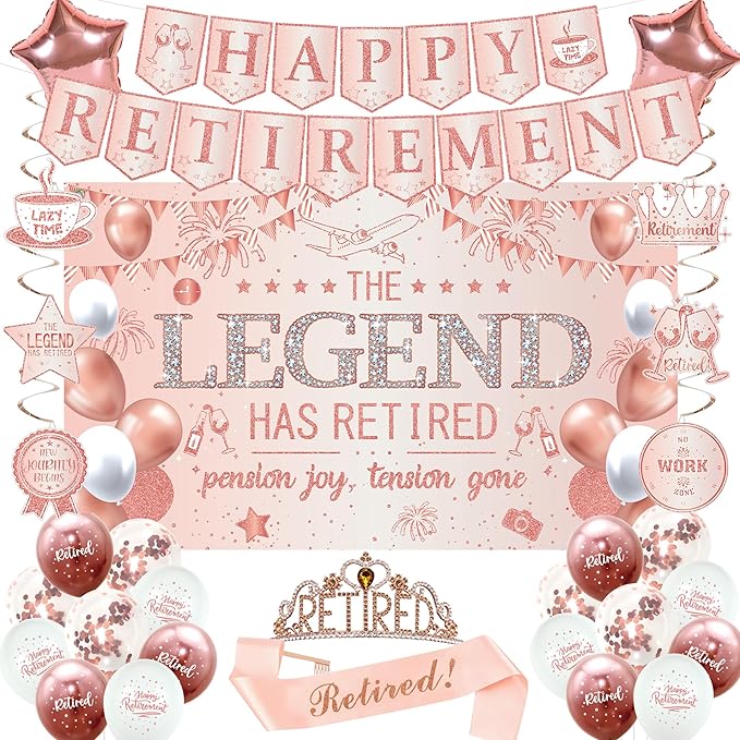 Roetyce Retirement Party Decorations Women, Rose Gold Happy Retirement Banner Backdrop Balloons Hanging Swirls for Coworker Family, Pink Lengend Has Retired Sash & Crown, Office Retired Background