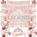 Roetyce Retirement Party Decorations Women, Rose Gold Happy Retirement Banner Backdrop Balloons Hanging Swirls for Coworker Family, Pink Lengend Has Retired Sash & Crown, Office Retired Background