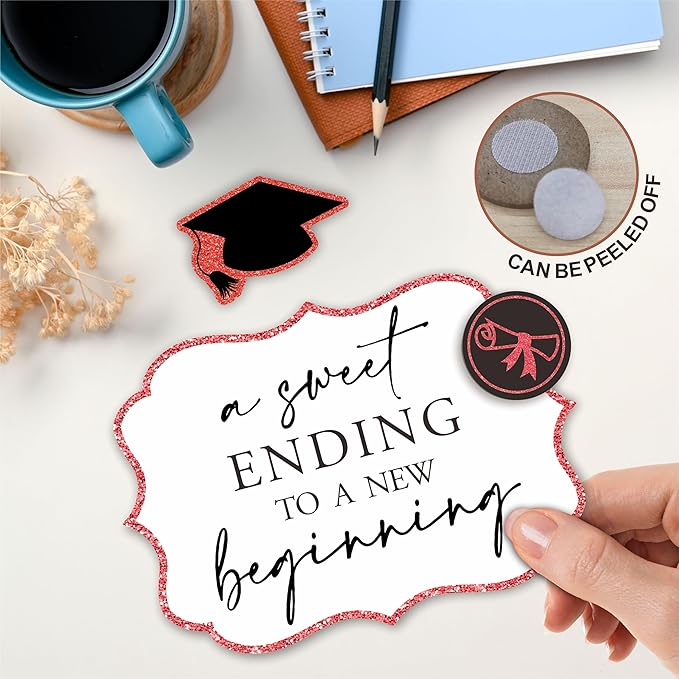 5"X7" Red Grad Party Wooden Table Sign - A Sweet Ending To A New Beginning - Buffet Sign, Treat Sign With Metal Support & 2 DIY Wood Decor With Velcro, Grad Party Decorations & Supplies - B06