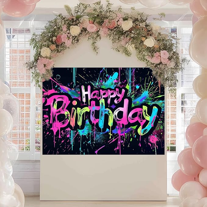Neon Happy Birthday Banner 84x60 Inch Photography Backdrops Party Background Decorations Colorful Graffiti Splash Paint Kids Birthday Supplies Glow in The Dark