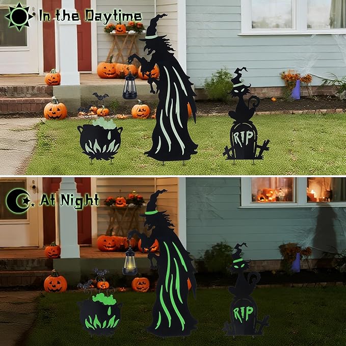Prsildan Halloween Decorations Outdoor - 3 Pack Metal Witch Yard Stakes with Solar Lantern & Glow in The Dark Cauldron + Tombstone, Lighted Witches Silhouette Decor for Porch Garden Lawn Cemetery