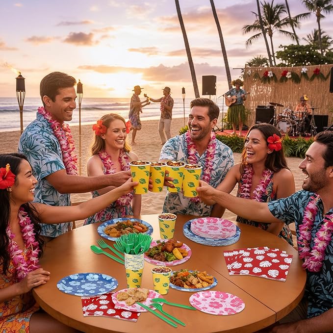 Kochorie 175 Pieces Hawaiian Cartoon Party Supplies Tropical Hawaii Hibiscus Floral Tableware Set 7 Inch & 9 Inch Paper Plates Napkins Cups Cutlery for Birthday Blue Cartoon Party, Serve 25 Guests