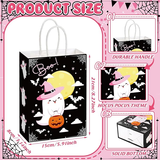 24 Pcs Halloween Party Favors Bags with Handle Trick or Treat Gift Bags Boo Gift Ghost Black and Pink Pumpkin Candy Halloween Goodies Present for Wrapping Birthday Party