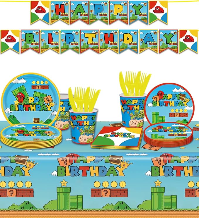 122Pcs Disposable Tableware Fits for Super Bros Party Supplies Table Decoration Kit for 20-Guests Includes Banner, Tableloth, Plates, Cups, Napkins, Forks and Knives