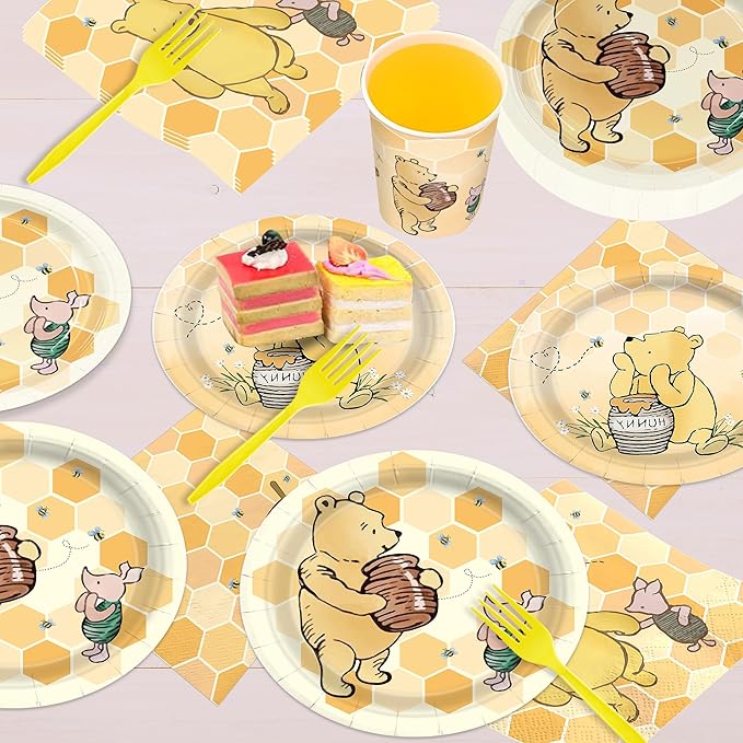 120pcs Winnie Plates and Napkins Classic Bear Baby Shower Disposable Cups Yellow Forks Paper Tableware Set Good for Baby Shower Decorations Serves 24 Guests