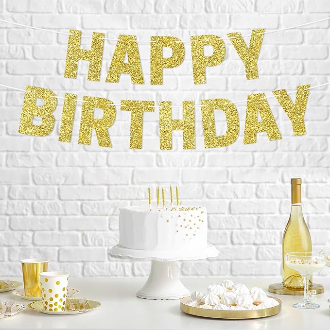 Pre-strung Happy Birthday Banner - No DIY - Glitter Birthday Party Banner for Men & Women - Pre-strung Garland on 8 ft Strands - Bday Party Decorations & Decor. Did We Mention No DIY (Yellow Gold)