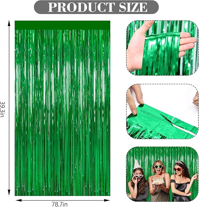 2 Pack Green Foil Fringe Curtains, 3.3ft x 6.6ft Streamer Foil Curtain, Tinsel Backdrop for Birthday Party, Christmas Decor, Wedding Engagement Baby Shower Bachelorette Party Decorations