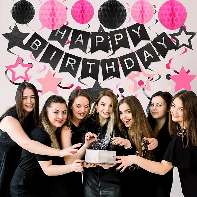 meowtastic Birthday Decorations, Happy Birthday Banner with Honeycomb Balls, Stars Hanging Swirl Streamers, Circle Dots Garland, Happy Birthday Party Decorations for Women Men Boys Girls (Black&Pink)