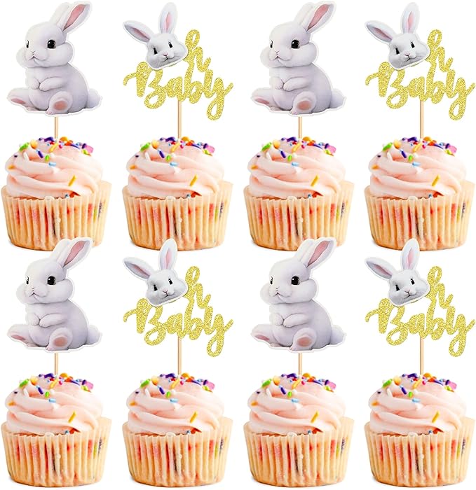 Ercadio 24pcs Cake Topper, Happy Easter Bunny Themed Cupcake Picks for Spring Birthday, Baby Shower Party Supplies