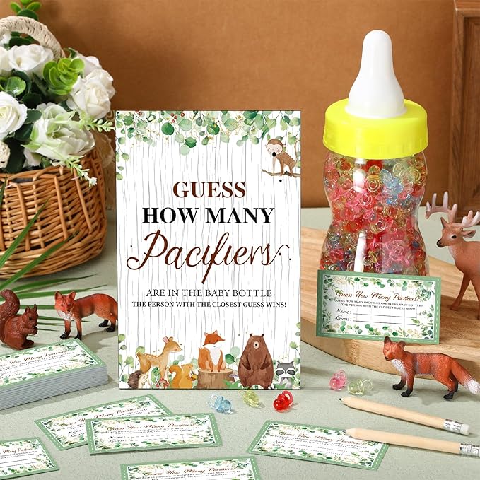 Syhood Woodland Animal Baby Shower Games Guess How Many Pacifiers Game Sign 50 Small Guessing Games 20 HB Pencils 750 ml Milk Bottle 400 Pacifiers Decorations Guests Gender Reveal Party Favors