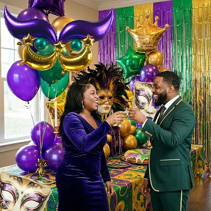 Mardi balloon garland arch kit Purple green gold with Fringe Curtain DIY Mask star Crown and Mask Balloons for Gorgeous Funny Grand Fat Tuesday Party decorations