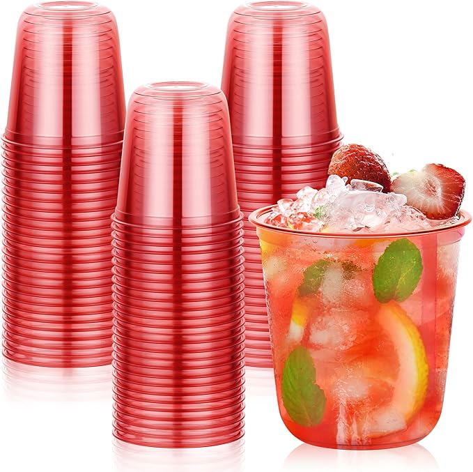 KesaPlan 50 Pcs Red Clear Plastic Cups for Party, 12 oz Disposable Stemless Wine Glasses, Cute Round Bottom Plastic Cocktail Cups for Christmas Valentine's Day Mother's Day Birthday Wedding Party