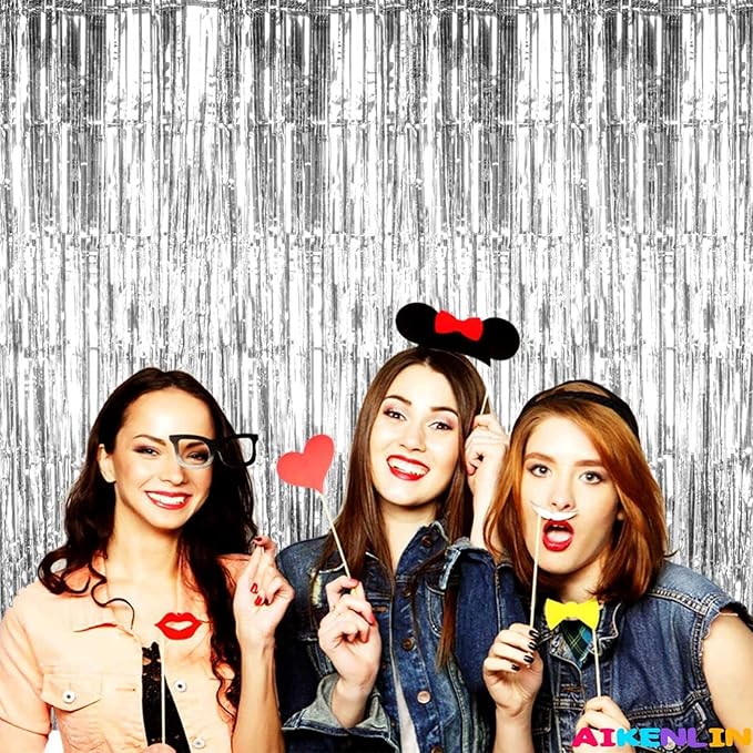 4 Pack 3.3Ft x 6.6Ft Silver Foil Fringe Curtain Backdrop, Metallic Tinsel Foil Fringe Streamers Curtains Background for Photo Booth, Birthday, Wedding, Halloween, Christmas Party Decoration