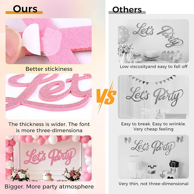 Babenest Let's Party Felt Sign, Flash Pink Reusable Glitter Letter Banner for Backdrop, Balloon Arch Decor, Party Supplies for Graduation, Birthday, Wedding, Bachelorette, Christmas, Home Bar, Man Cave Wall Decorations