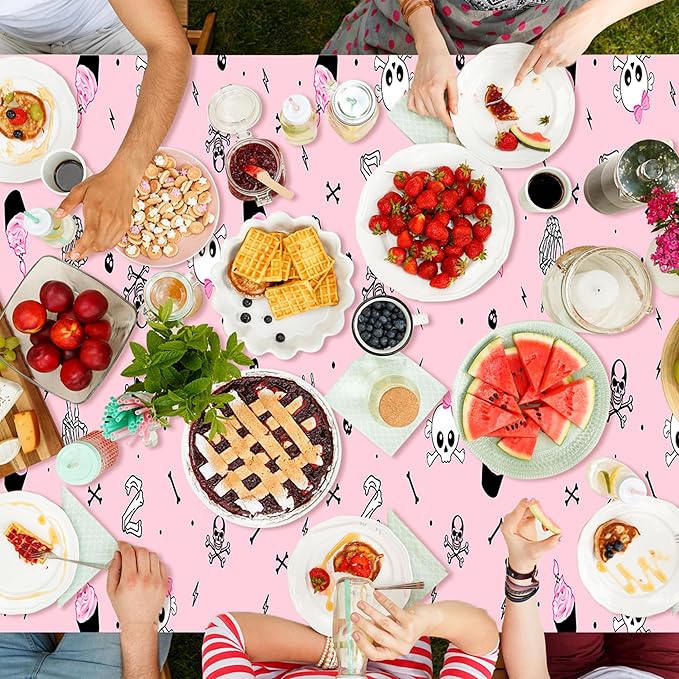 K1tpde 3PCS Bad Two The Bone Party Tablecloth for Girls, Music Themed 2nd Pink Plastic Tablecloth, Rock and Roll 2nd Disposable Table Covers for Birthday Decoration, Bad To The Skeleton Party Supplies