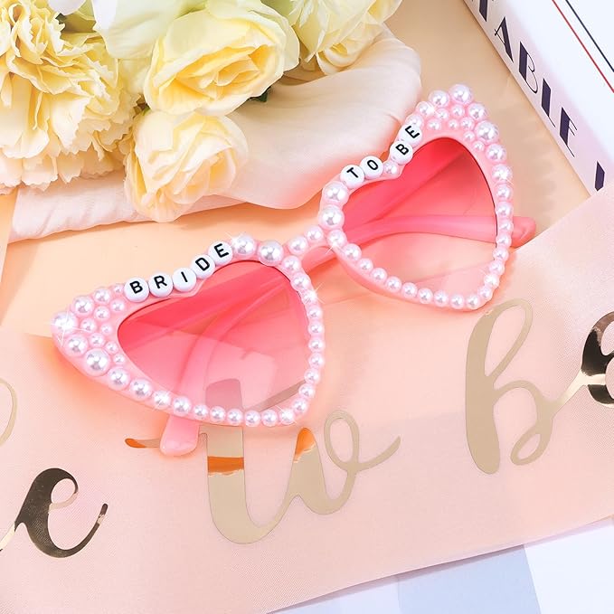Bride to Be Set: Pearl-Trimmed Heart Sunglasses, Pearl BRIDE Sash & Tulle Veil - Bachelorette Party Bridal Accessories
