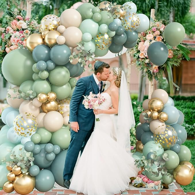 122Pcs Dusty Blue Sage Green Balloon Garland Kit, Pastel Olive Green Slate Blue Beige Metallic Gold Confetti Balloon Arch Kit for Women Men Boho Birthday Wedding Baby Shower Party Decorations