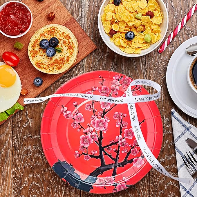 50Pcs Chinese New Year Party Supplies Chinese Japanese Cherry Paper Plates 7"Cherry Blossom Dessert Plates Flowers Plates for Birthday Wedding Chinese New Year Spring Festival Decorations (Red)