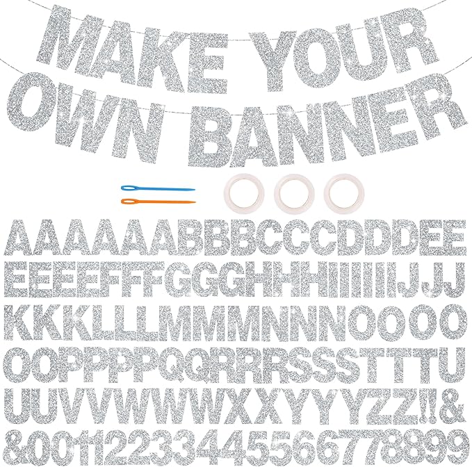 BEISHIDA 116 PCS A-Z DIY Letter Banner Kit Make Your Own Banner Glitter Silver Including 111 Letters and Numbers 3 Rope and 2 Threading Device,Customized for Birthday Graduation Wedding Party Decor