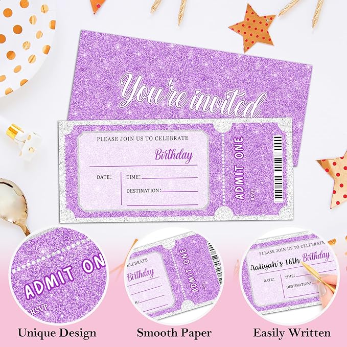 Purple Glitter Birthday Invitation Ticket, Purple Glitter Birthday Invitation for Teen Adult, 20 Pink Ticket With Envelopes, 3.5 x 8" Double-Sided Fill In Birthday Party Personalized Invites Cards - C
