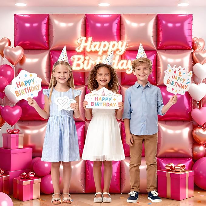 36Pcs Hot Pink and Rose Gold Square Foil Balloons Wall Backdrop, Double Sided Metallic Foil Balloons Tunnel Arch Garland Kit for Photo Booth Birthday Wedding Halloween Christmas Party Decorations