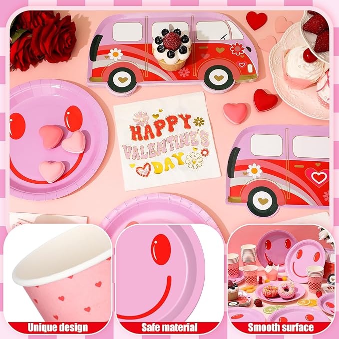 Zhehao 96 Pcs Groovy Valentine's Day Party Supplies Set for 24 Guests Pink Smile Face Plates 9 oz Cups Napkins Pink and Red Groovy Hippie Valentine's Day Party Decorations