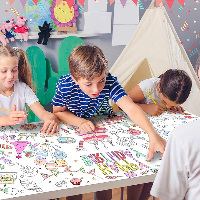 Happy Birthday Giant Coloring Poster 71 x 31 inches Large Birthday Party Coloring Tablecloth for Kids, DIY Cake Balloons Hats Banners Coloring Party Activity Poster & Table Cover,Jumbo Coloring Banner