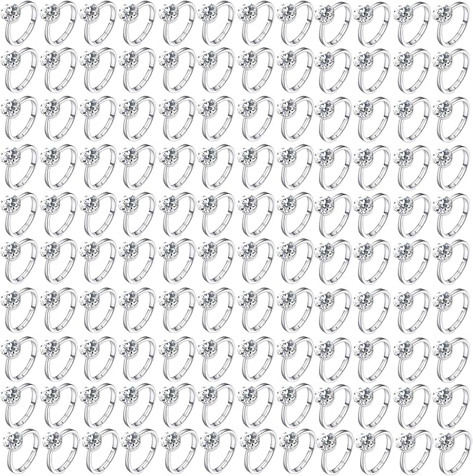 NEWITIN 120 Pieces Fake Rings Diamond Engagement Rings Silver Ring for Bridal Shower Party Game Wedding Table Decorations