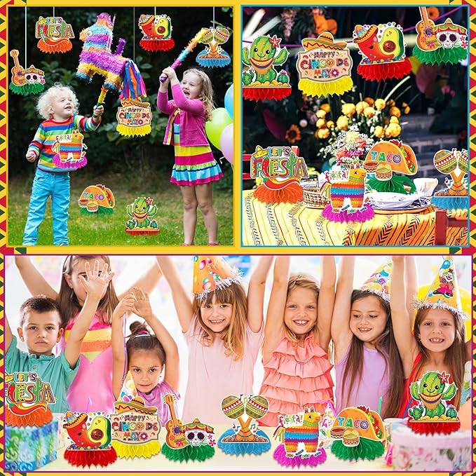 JULMELON 8PCS Cinco De Mayo Party Decorations, Mexican Fiesta Table Decorations Honeycomb Centerpiece for Mexican Theme Taco Party Birthday Supplies Fiesta Taco Bar Party Decor