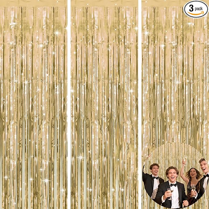 jijAcraft 3 Pack Champagne Gold Tinsel Foil Fringe Curtain, Light Gold Party Photo Backdrop for Bridal Showers Wedding Engagement Anniversary Birthday Graduation New Year’s Holidays Decorations