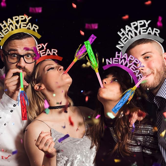 Openfly New Years Eve Party Supplies 2026 Happy New Year Headband Tiara New Year Fringed Noise Makers Party Favors