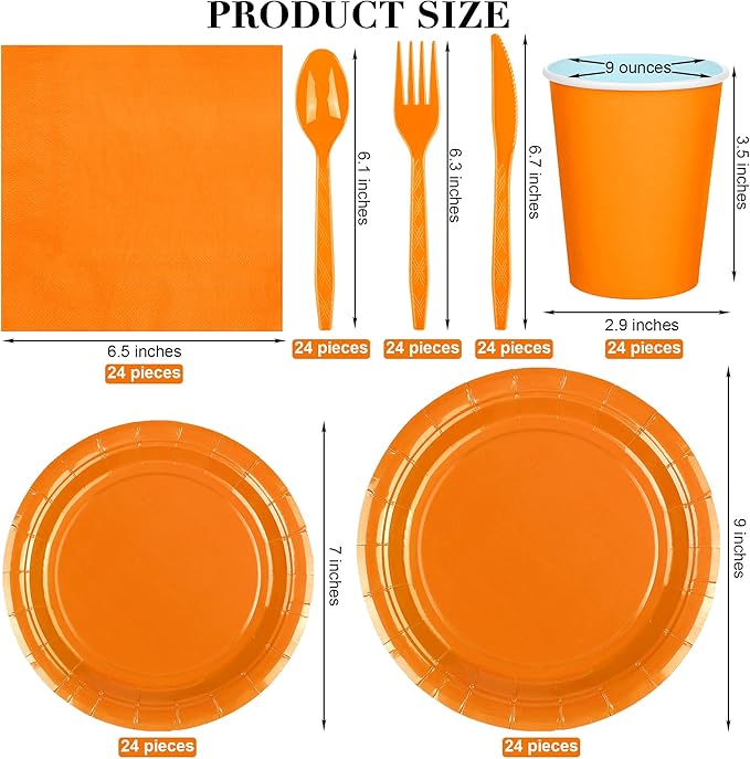 ADXCO 169-Piece Orange Party Pack: Plates, Cups, Napkins, Utensils, Tablecloth for 24 Guests - Orange Wedding or Birthday Party Decorations