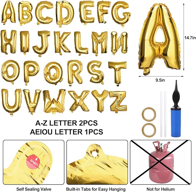 57 Pcs Letter Balloons, 18" Gold Aluminum Foil Alphabet Custom Balloons Banner for Birthday, Baby Shower, Wedding, Graduation, Happy New Year Party Decorations Supplies