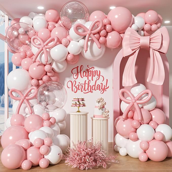 Pink Bow Balloon Garland Arch Kit - Coquette Birthday Decorations Coquette Bow Pink and White Balloon Arch Kit Different Size for Wedding Bridal Girls Birthday Baby Shower Engagement Party Decorations
