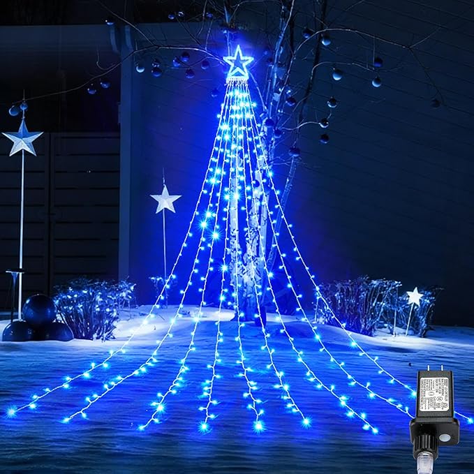 BlcTec Outdoor Christmas Decorations 317 LEDs Christmas Lights with 9 Strands 11.9ft Waterfall Christmas Tree Lights, 8 Modes, UL Certified, Waterproof, Topper Star & Timer for Yard Patio Décor, Blue