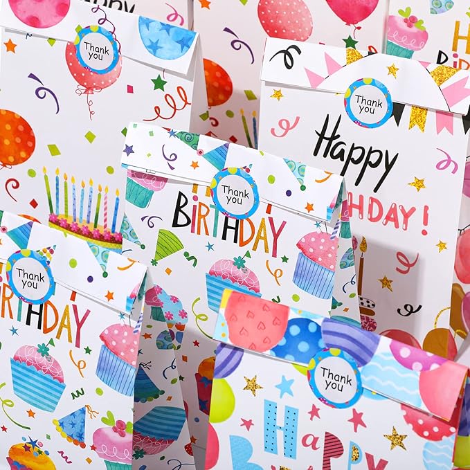 Chrisfall 24 Pieces Birthday Gift Bag Birthday Party Favor Gift Bags Goodie Bags with Seal Stickers Birthday Party Candy Bags Party Supplies