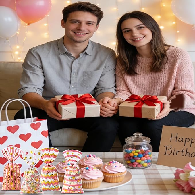 Aegero Valentines Cellophane Bags 120pcs Valentines Candy Bags with 140pcs Twists for Valentine's Candy Cookie Goodie Snack Bag for Valentines Day Wedding Party Favor Supplies,Classroom Parties Valentine03-Gold Powder Heart